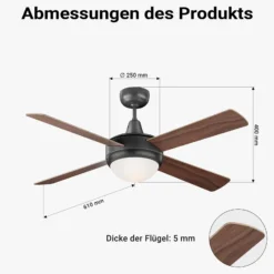 Wiltec Deckenventilator Ø 122 cm mit 4 Flügel, Ventilator mit 3 Geschwindigkeiten und Lampe, Lüfter mit Fernbedienung, Timer, Sommer- u. Wintermodus