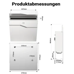 Wiltec Designer Briefkasten V19 Edelstahl 370 x 102 x 370 mm, Wandbriefkasten mit Schloss und Zeitungsrolle, Postkasten aus Stahl