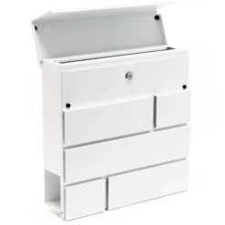 Wiltec Designer Briefkasten V15 weiß 370 x 105 x 370 mm, Wandbriefkasten mit Schloss und Zeitungsrolle, Postkasten aus pulverbeschichtetem Stahl