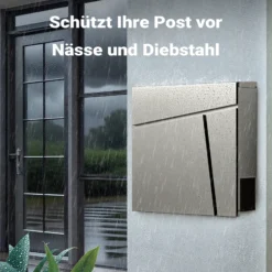Wiltec Designer Briefkasten V23 Edelstahl 370 x 102 x 370 mm, Wandbriefkasten mit Schloss und Zeitungsrolle, Postkasten aus Stahl