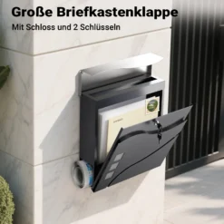 Wiltec Designer Briefkasten V28 Anthrazit und Edelstahl 370 x 102 x 370 mm, Wandbriefkasten mit Schloss, Sichtfenstern und Zeitungsrolle, Postkasten aus pulverbeschichtetem Stahl