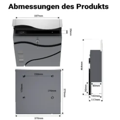 Wiltec Designer Briefkasten V28 Anthrazit und Edelstahl 370 x 102 x 370 mm, Wandbriefkasten mit Schloss, Sichtfenstern und Zeitungsrolle, Postkasten aus pulverbeschichtetem Stahl