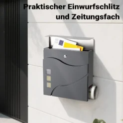 Wiltec Designer Briefkasten V28 Anthrazit und Edelstahl 370 x 102 x 370 mm, Wandbriefkasten mit Schloss, Sichtfenstern und Zeitungsrolle, Postkasten aus pulverbeschichtetem Stahl