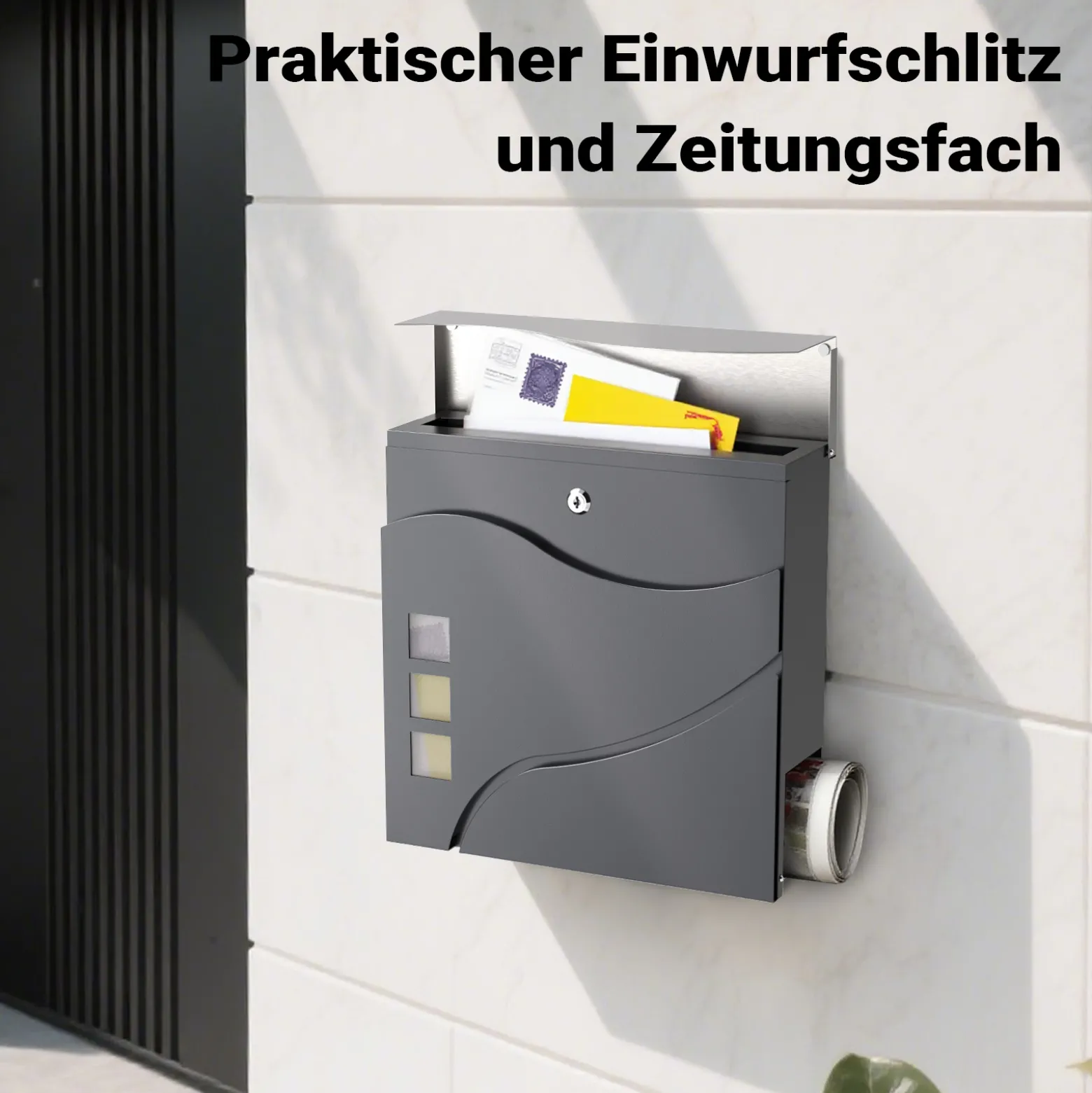 Wiltec Designer Briefkasten V28 Anthrazit und Edelstahl 370 x 102 x 370 mm, Wandbriefkasten mit Schloss, Sichtfenstern und Zeitungsrolle, Postkasten aus pulverbeschichtetem Stahl
