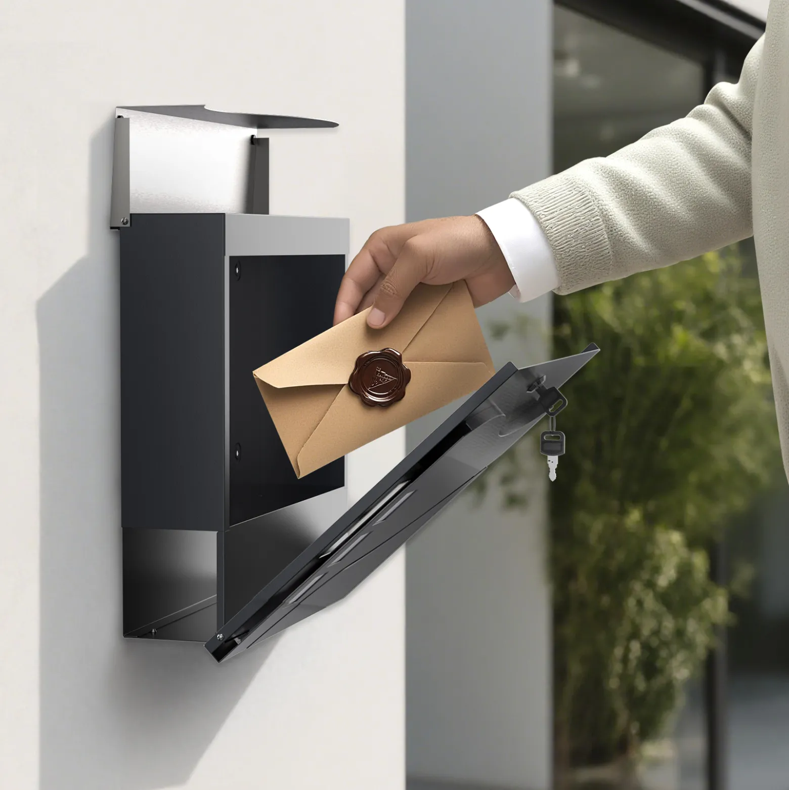 Wiltec Designer Briefkasten V28 Anthrazit und Edelstahl 370 x 102 x 370 mm, Wandbriefkasten mit Schloss, Sichtfenstern und Zeitungsrolle, Postkasten aus pulverbeschichtetem Stahl