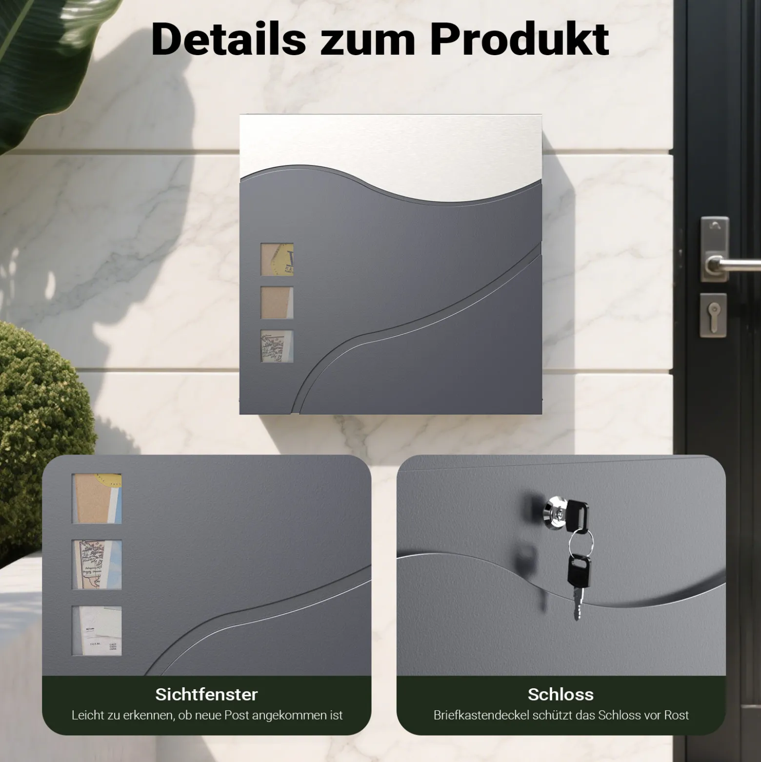 Wiltec Designer Briefkasten V28 Anthrazit und Edelstahl 370 x 102 x 370 mm, Wandbriefkasten mit Schloss, Sichtfenstern und Zeitungsrolle, Postkasten aus pulverbeschichtetem Stahl