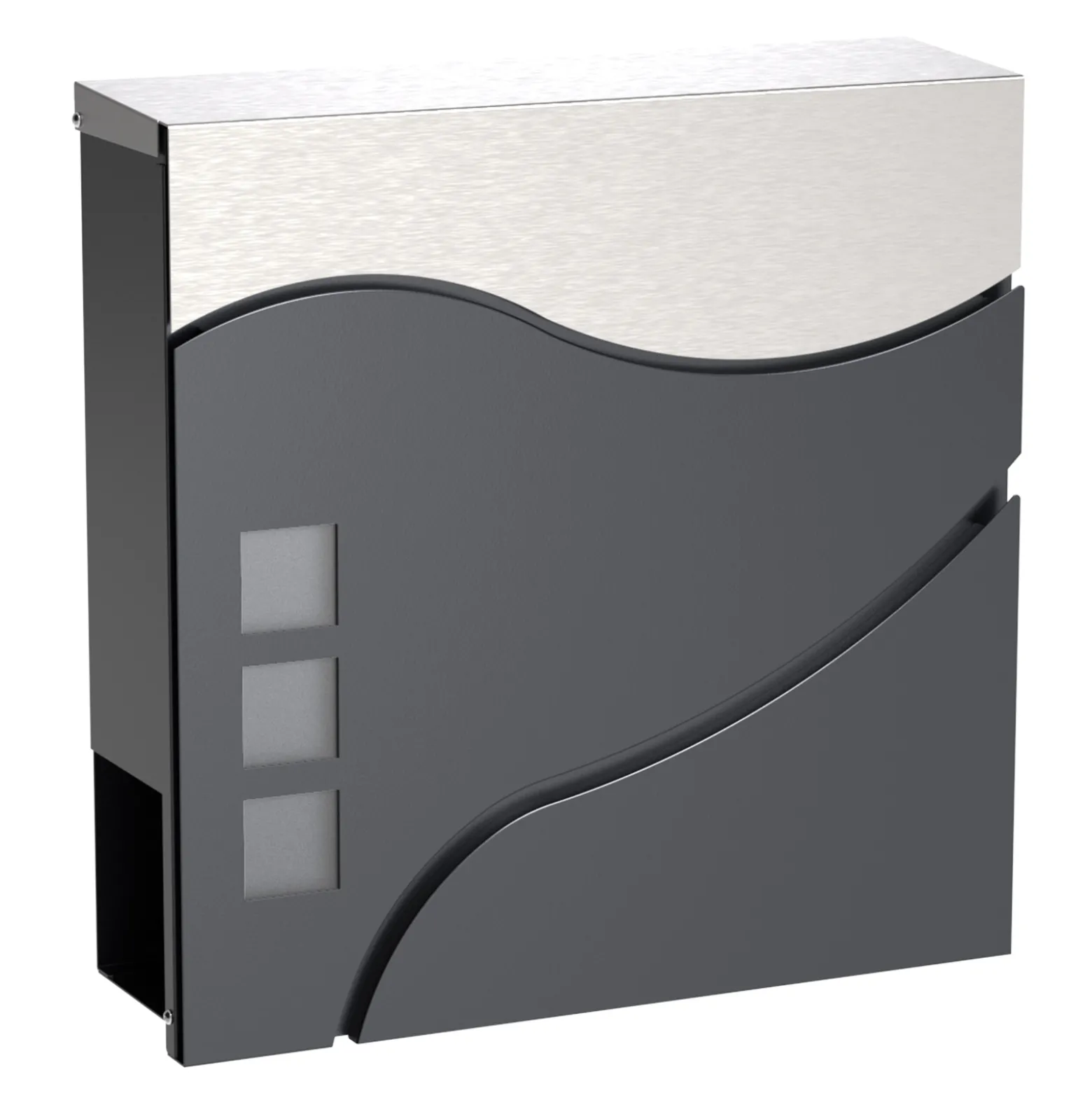 Wiltec Designer Briefkasten V28 Anthrazit und Edelstahl 370 x 102 x 370 mm, Wandbriefkasten mit Schloss, Sichtfenstern und Zeitungsrolle, Postkasten aus pulverbeschichtetem Stahl