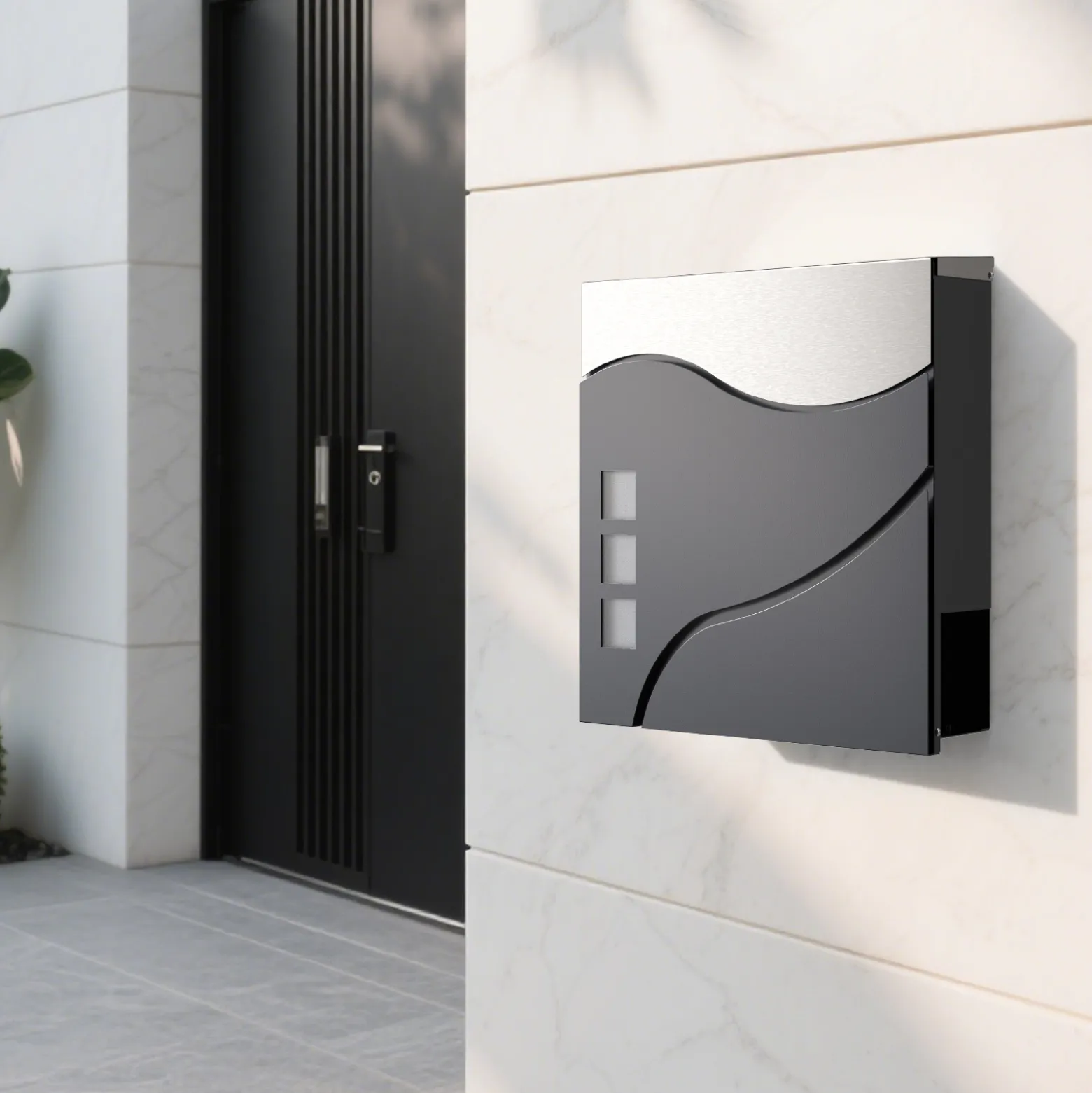 Wiltec Designer Briefkasten V28 Anthrazit und Edelstahl 370 x 102 x 370 mm, Wandbriefkasten mit Schloss, Sichtfenstern und Zeitungsrolle, Postkasten aus pulverbeschichtetem Stahl