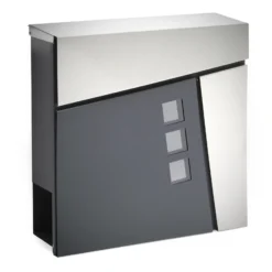 Wiltec Designer Briefkasten V24 Anthrazit und Edelstahl 370 x 105 x 370 mm, Wandbriefkasten mit Schloss, Sichtfenstern und Zeitungsrolle, Postkasten aus pulverbeschichtetem Stahl