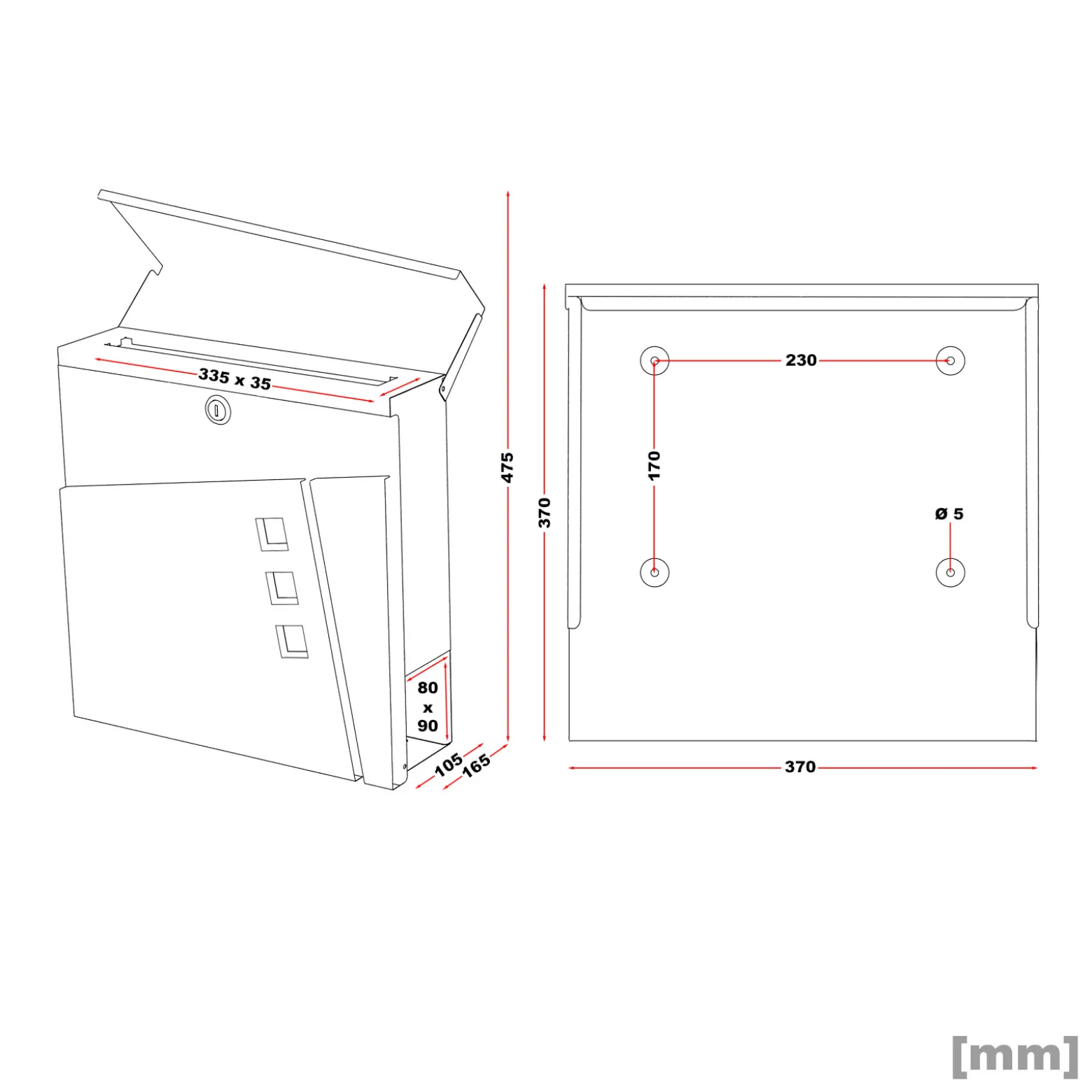 Wiltec Designer Briefkasten V24 Anthrazit und Edelstahl 370 x 105 x 370 mm, Wandbriefkasten mit Schloss, Sichtfenstern und Zeitungsrolle, Postkasten aus pulverbeschichtetem Stahl