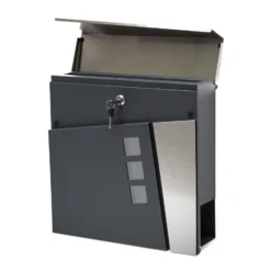 Wiltec Designer Briefkasten V24 Anthrazit und Edelstahl 370 x 105 x 370 mm, Wandbriefkasten mit Schloss, Sichtfenstern und Zeitungsrolle, Postkasten aus pulverbeschichtetem Stahl