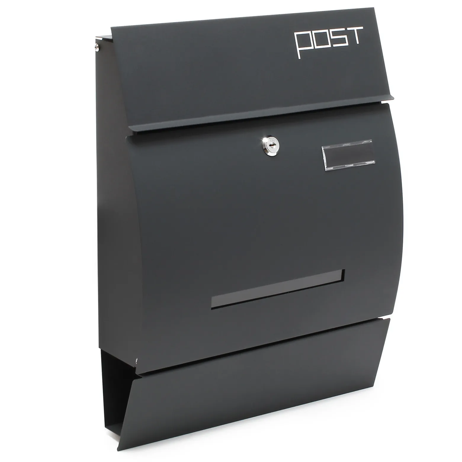 Wiltec Designer Briefkasten V4 Anthrazit 350 x 95 x 445 mm, Wandbriefkasten mit Schloss, Sichtschlitz, Namensschild und Zeitungsrolle, Postkasten aus pulverbeschichtetem Stahl