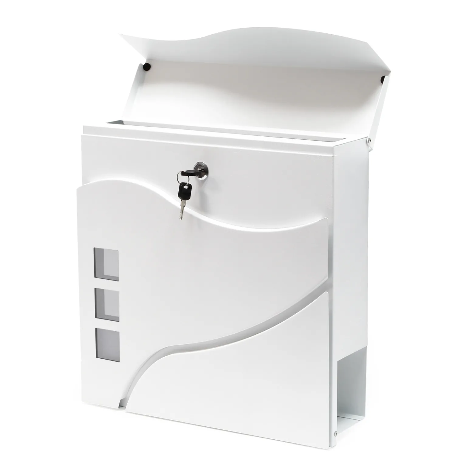 Wiltec Designer Briefkasten V28 weiß 370 x 105 x 370 mm, Wandbriefkasten mit Schloss, Sichtfenstern und Zeitungsrolle, Postkasten aus pulverbeschichtetem Stahl
