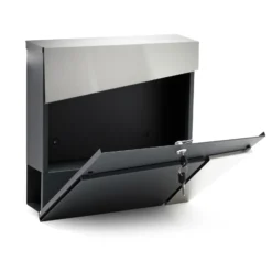 Wiltec Designer Briefkasten V25 Anthrazit und Edelstahl 370 x 105 x 370 mm, Wandbriefkasten mit Schloss, Sichtfenstern und Zeitungsrolle, Postkasten aus pulverbeschichtetem Stahl