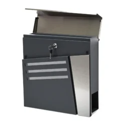 Wiltec Designer Briefkasten V25 Anthrazit und Edelstahl 370 x 105 x 370 mm, Wandbriefkasten mit Schloss, Sichtfenstern und Zeitungsrolle, Postkasten aus pulverbeschichtetem Stahl