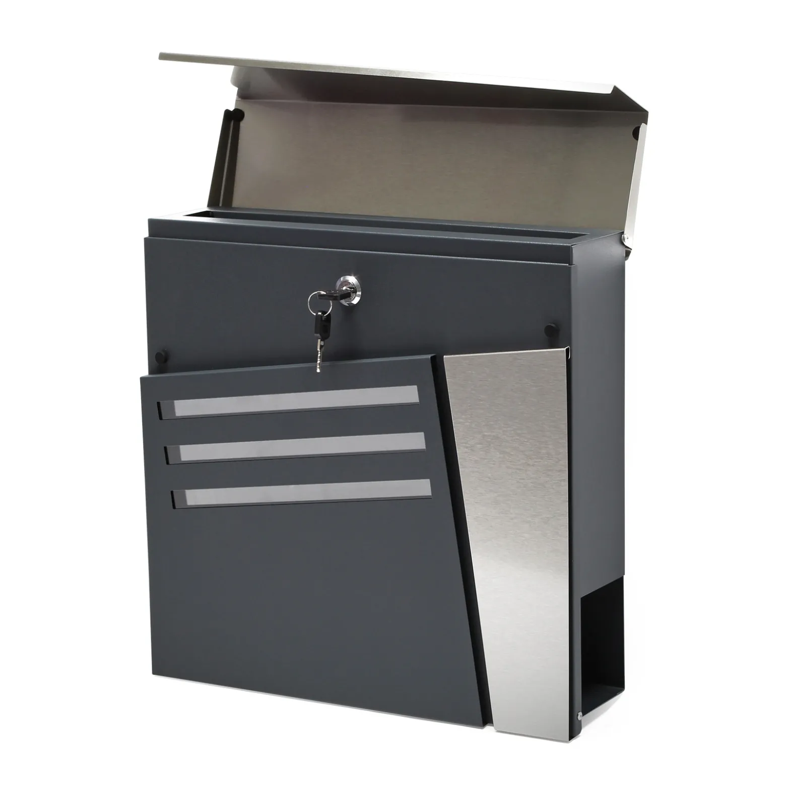 Wiltec Designer Briefkasten V25 Anthrazit und Edelstahl 370 x 105 x 370 mm, Wandbriefkasten mit Schloss, Sichtfenstern und Zeitungsrolle, Postkasten aus pulverbeschichtetem Stahl