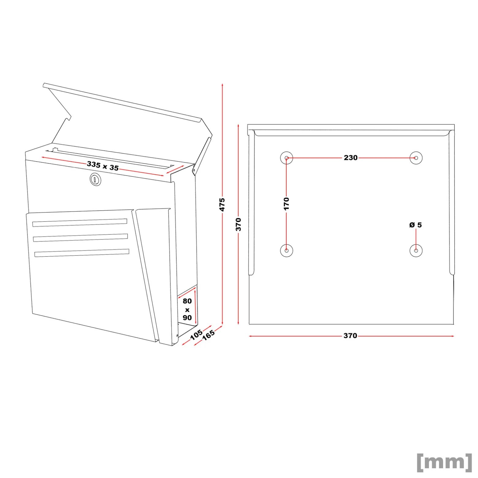 Wiltec Designer Briefkasten V25 Anthrazit und Edelstahl 370 x 105 x 370 mm, Wandbriefkasten mit Schloss, Sichtfenstern und Zeitungsrolle, Postkasten aus pulverbeschichtetem Stahl