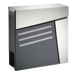 Wiltec Designer Briefkasten V25 Anthrazit und Edelstahl 370 x 105 x 370 mm, Wandbriefkasten mit Schloss, Sichtfenstern und Zeitungsrolle, Postkasten aus pulverbeschichtetem Stahl