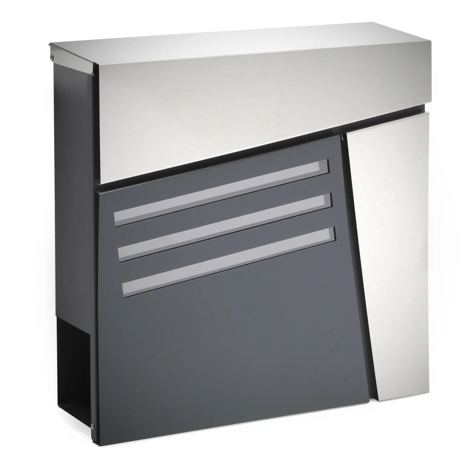 Wiltec Designer Briefkasten V25 Anthrazit und Edelstahl 370 x 105 x 370 mm, Wandbriefkasten mit Schloss, Sichtfenstern und Zeitungsrolle, Postkasten aus pulverbeschichtetem Stahl