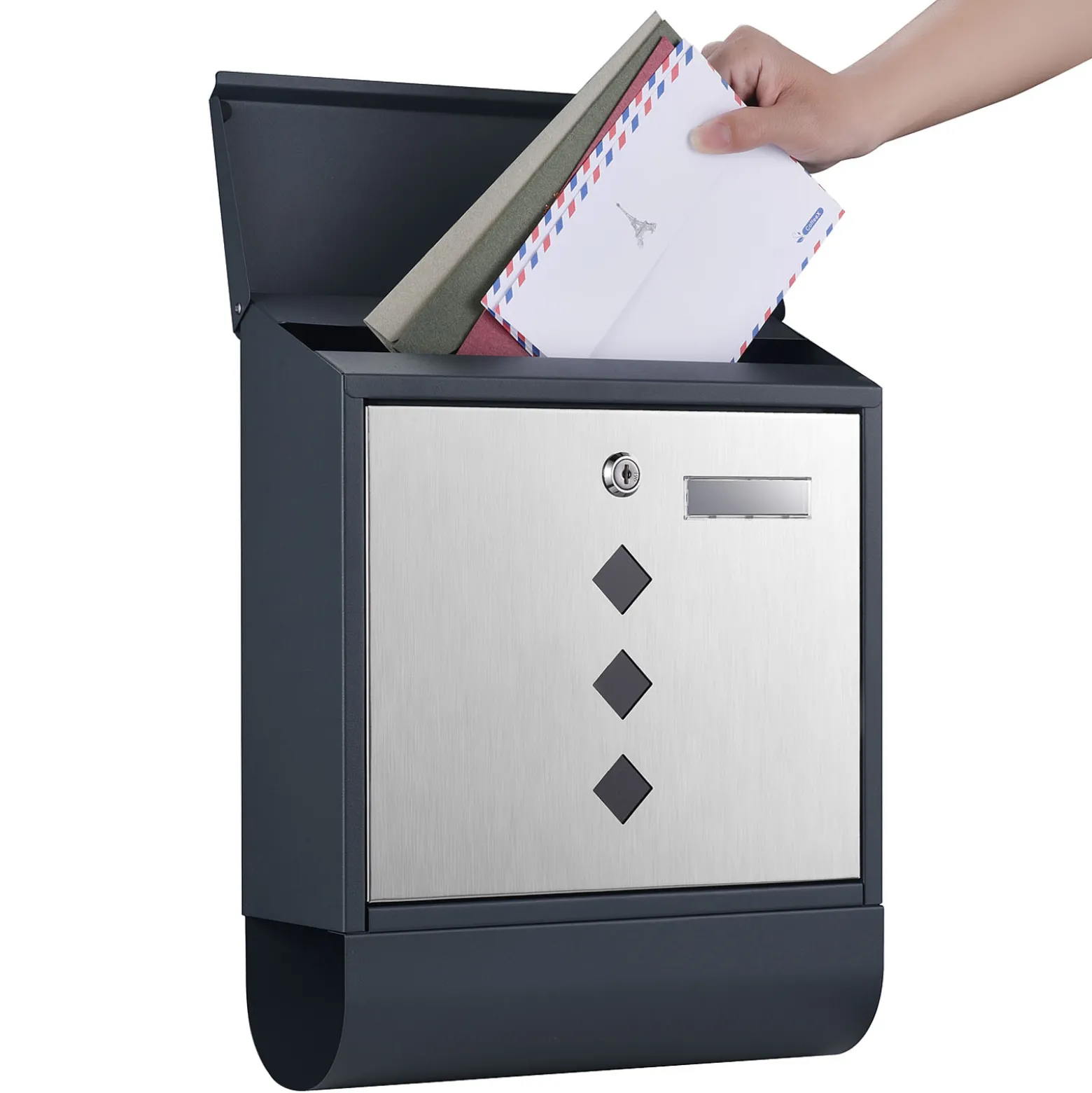 Wiltec Designer Briefkasten V36 Anthrazit und Edelstahl 305 x 105 x 385 mm, Wandbriefkasten mit Schloss, Sichtfenstern, Namensschild, Zeitungsrolle, Postkasten aus galvanisiertem Stahl