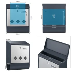 Wiltec Designer Briefkasten V36 Anthrazit und Edelstahl 305 x 105 x 385 mm, Wandbriefkasten mit Schloss, Sichtfenstern, Namensschild, Zeitungsrolle, Postkasten aus galvanisiertem Stahl