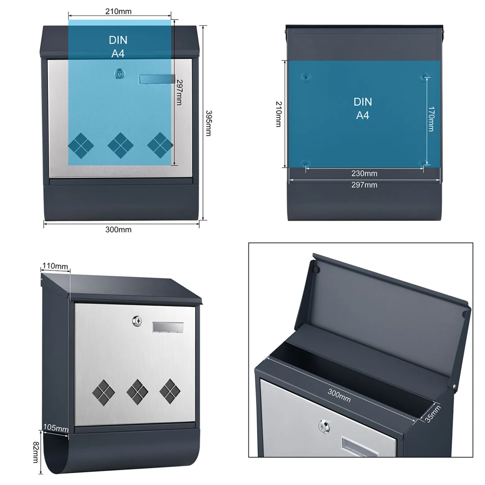 Wiltec Designer Briefkasten V36 Anthrazit und Edelstahl 305 x 105 x 385 mm, Wandbriefkasten mit Schloss, Sichtfenstern, Namensschild, Zeitungsrolle, Postkasten aus galvanisiertem Stahl