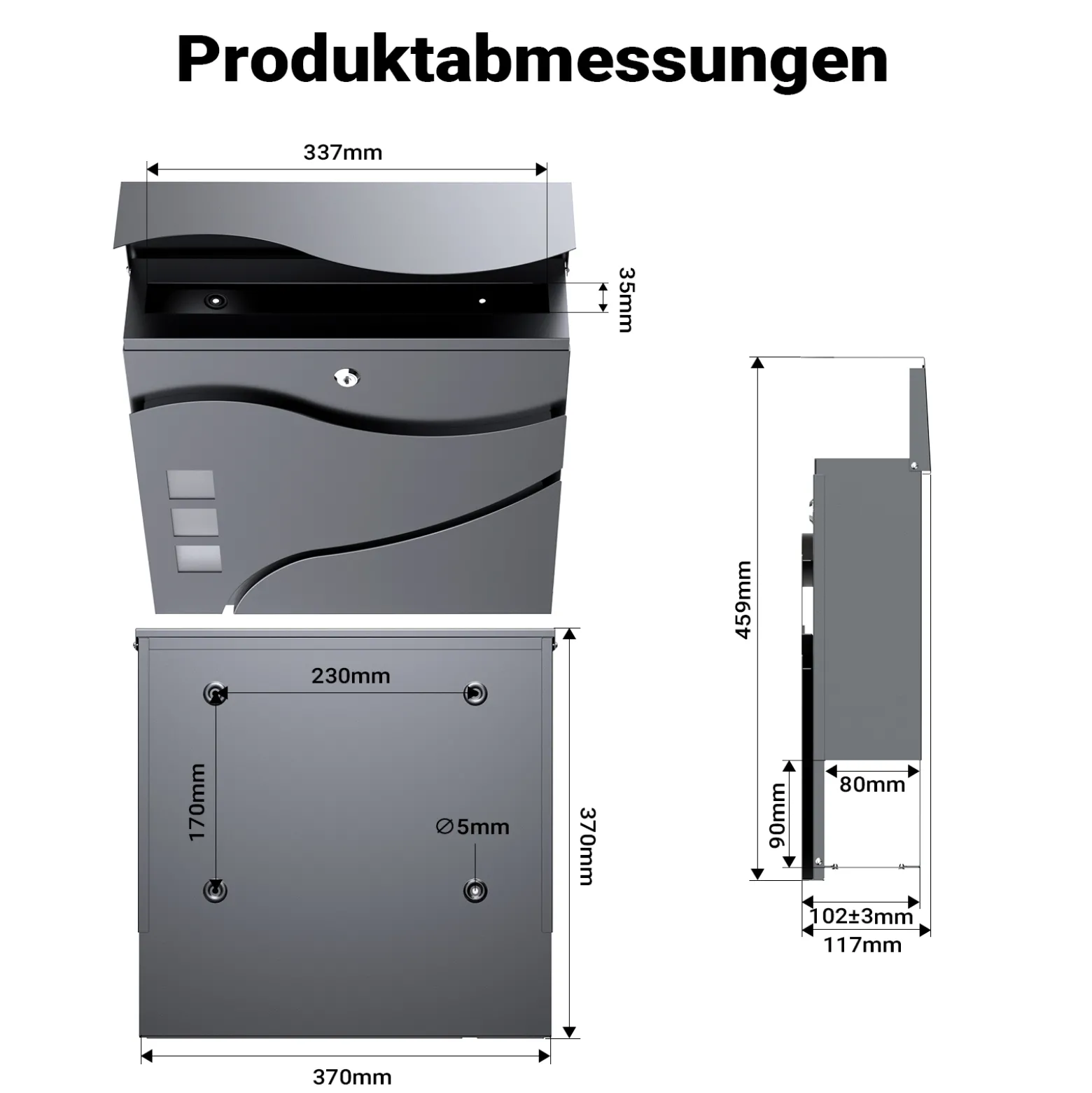 Wiltec Designer Briefkasten V28 Anthrazit 370 x 105 x 370 mm, Wandbriefkasten mit Schloss, Sichtfenstern und Zeitungsrolle, Postkasten aus pulverbeschichtetem Stahl
