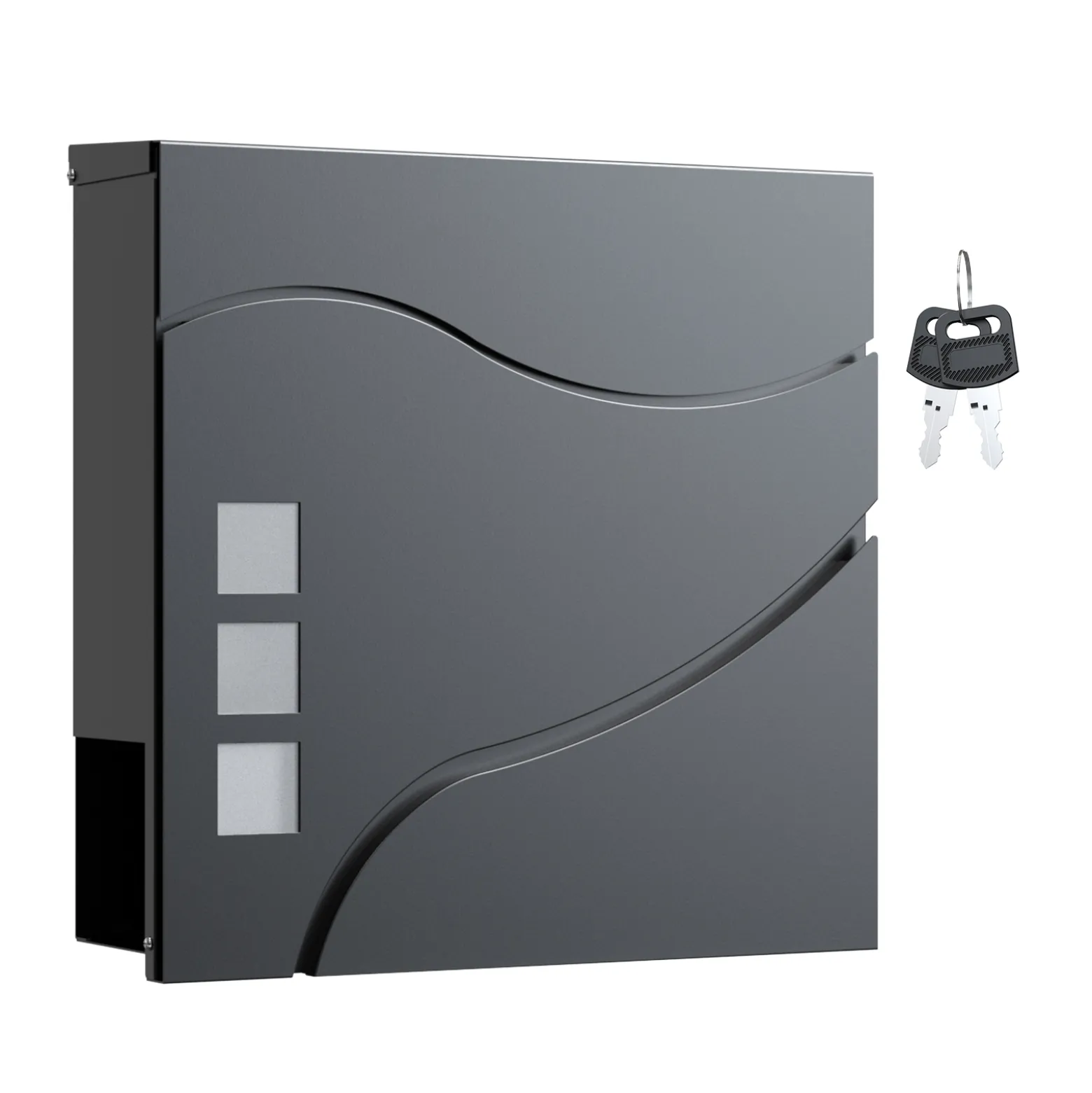 Wiltec Designer Briefkasten V28 Anthrazit 370 x 105 x 370 mm, Wandbriefkasten mit Schloss, Sichtfenstern und Zeitungsrolle, Postkasten aus pulverbeschichtetem Stahl