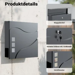 Wiltec Designer Briefkasten V28 Anthrazit 370 x 105 x 370 mm, Wandbriefkasten mit Schloss, Sichtfenstern und Zeitungsrolle, Postkasten aus pulverbeschichtetem Stahl