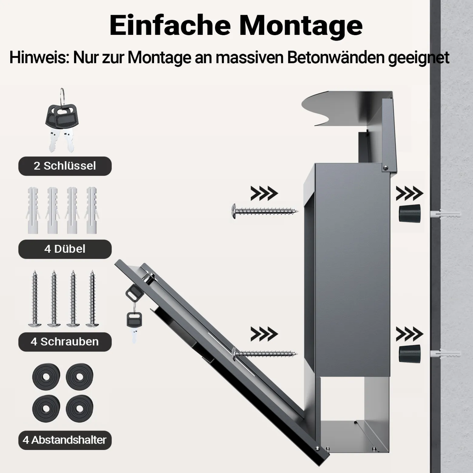 Wiltec Designer Briefkasten V28 Anthrazit 370 x 105 x 370 mm, Wandbriefkasten mit Schloss, Sichtfenstern und Zeitungsrolle, Postkasten aus pulverbeschichtetem Stahl