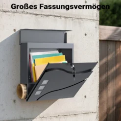Wiltec Designer Briefkasten V28 Anthrazit 370 x 105 x 370 mm, Wandbriefkasten mit Schloss, Sichtfenstern und Zeitungsrolle, Postkasten aus pulverbeschichtetem Stahl