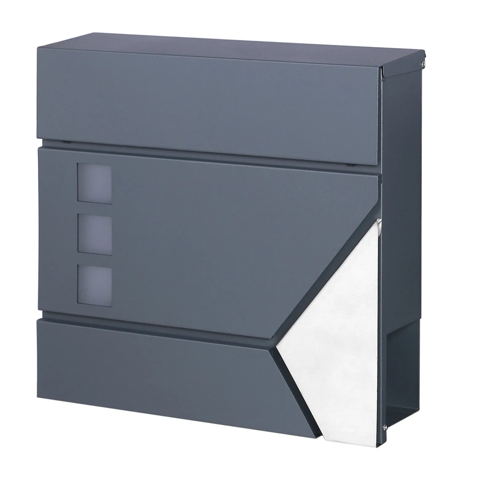Wiltec Designer Briefkasten V48 Anthrazit und Edelstahl 370 x 105 x 370 mm, Wandbriefkasten mit Schloss, Sichtfenstern, Zeitungsrolle, Postkasten aus galvanisiertem Stahl