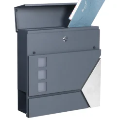 Wiltec Designer Briefkasten V48 Anthrazit und Edelstahl 370 x 105 x 370 mm, Wandbriefkasten mit Schloss, Sichtfenstern, Zeitungsrolle, Postkasten aus galvanisiertem Stahl