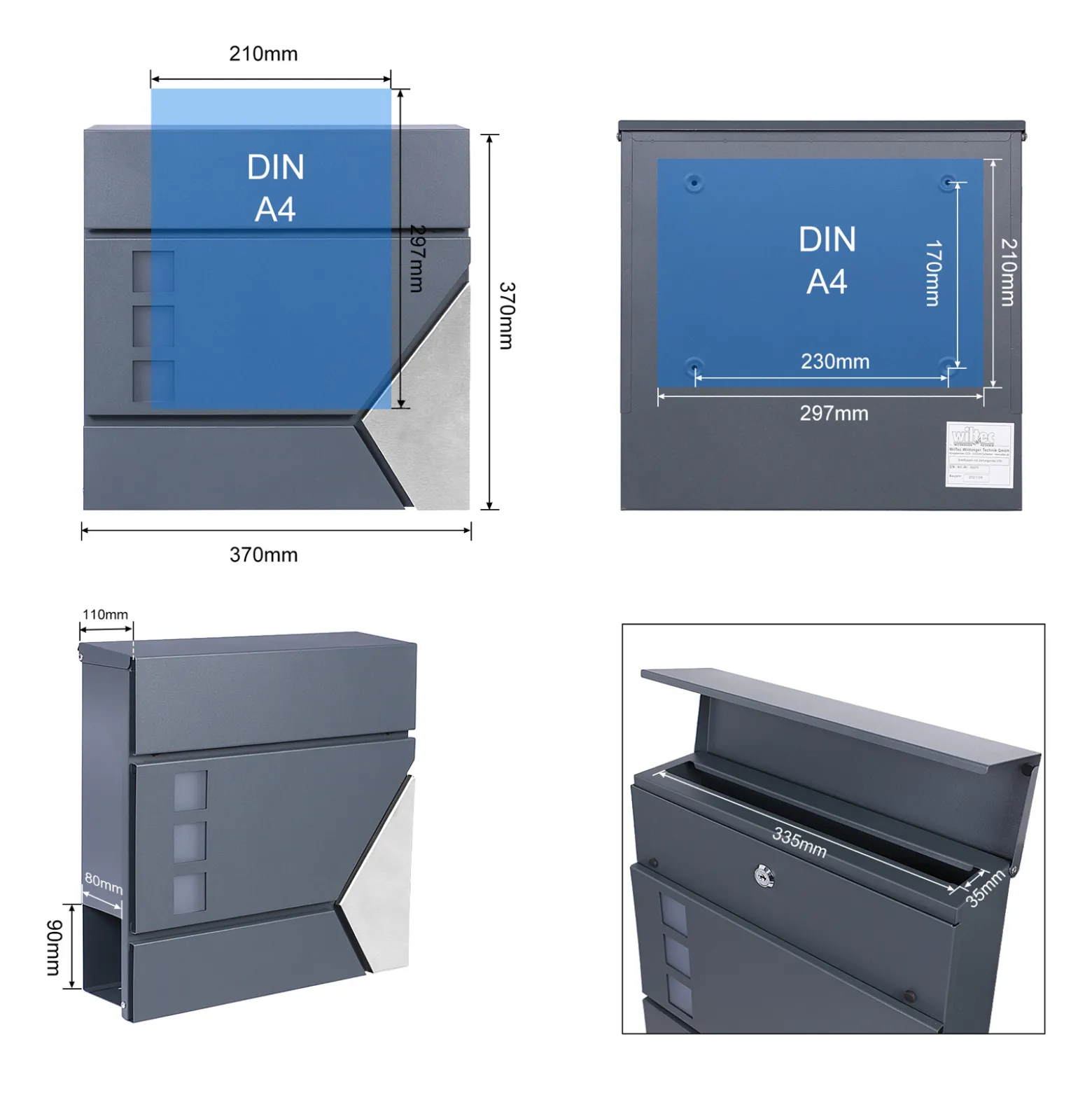 Wiltec Designer Briefkasten V48 Anthrazit und Edelstahl 370 x 105 x 370 mm, Wandbriefkasten mit Schloss, Sichtfenstern, Zeitungsrolle, Postkasten aus galvanisiertem Stahl