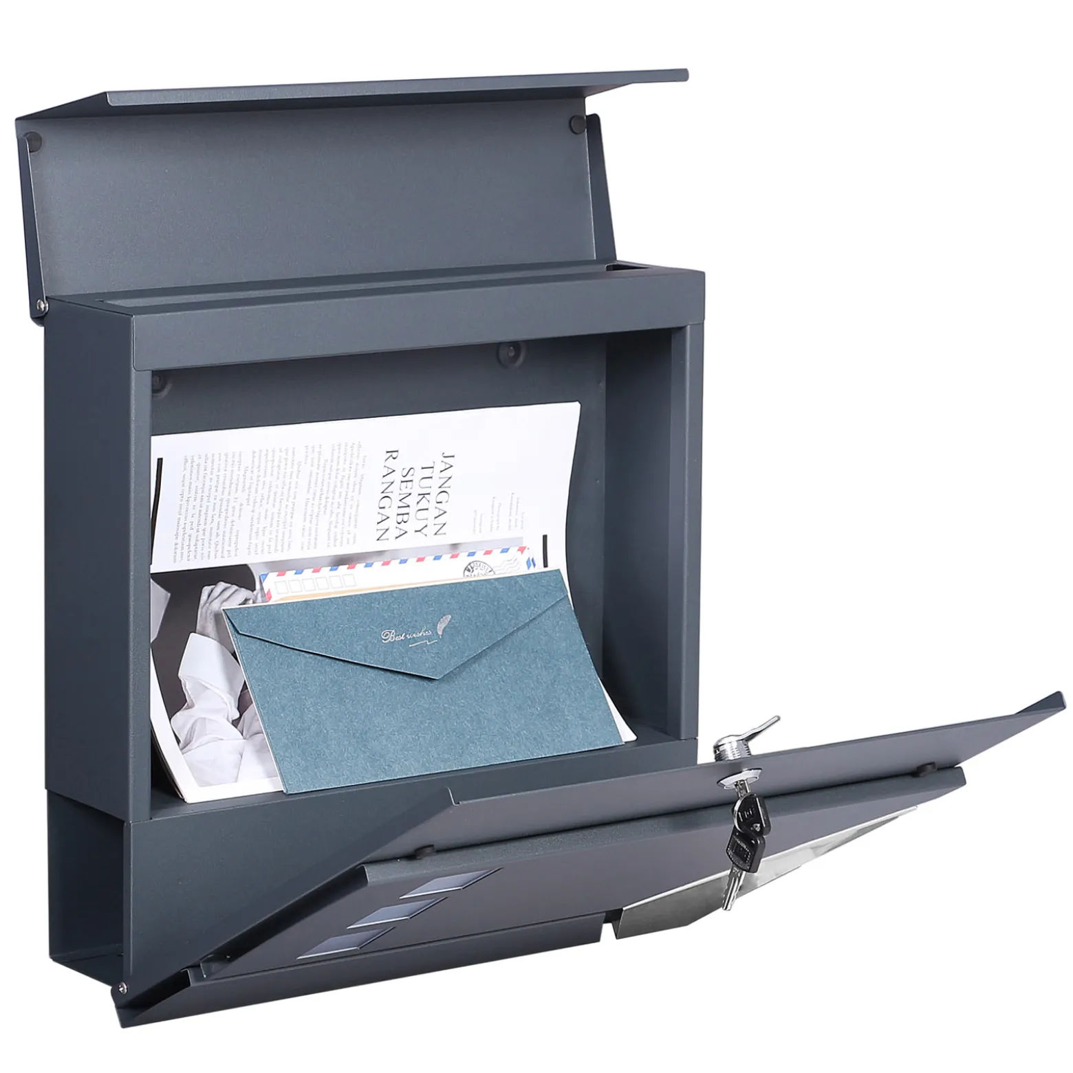 Wiltec Designer Briefkasten V48 Anthrazit und Edelstahl 370 x 105 x 370 mm, Wandbriefkasten mit Schloss, Sichtfenstern, Zeitungsrolle, Postkasten aus galvanisiertem Stahl