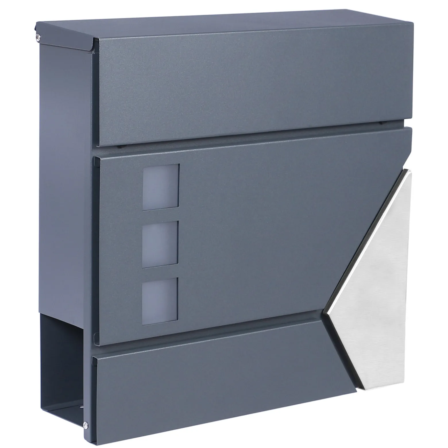 Wiltec Designer Briefkasten V48 Anthrazit und Edelstahl 370 x 105 x 370 mm, Wandbriefkasten mit Schloss, Sichtfenstern, Zeitungsrolle, Postkasten aus galvanisiertem Stahl