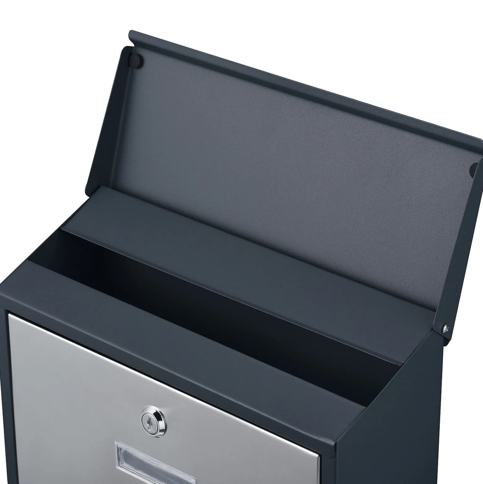 Wiltec Designer Briefkasten V38 Anthrazit und Edelstahl 305 x 105 x 385 mm, Wandbriefkasten mit Schloss, Namensschild, Zeitungsrolle, Postkasten aus galvanisiertem Stahl
