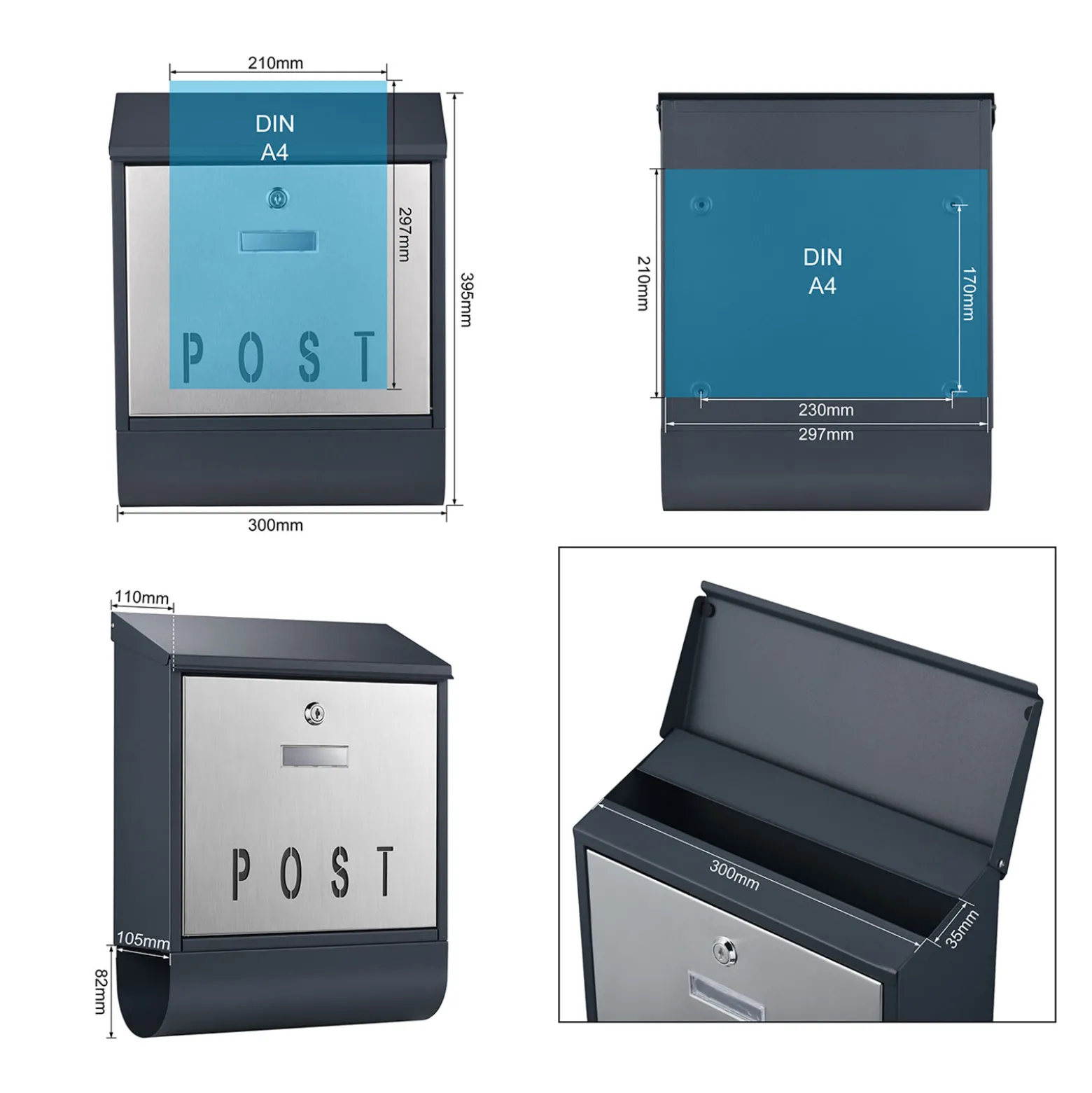 Wiltec Designer Briefkasten V38 Anthrazit und Edelstahl 305 x 105 x 385 mm, Wandbriefkasten mit Schloss, Namensschild, Zeitungsrolle, Postkasten aus galvanisiertem Stahl