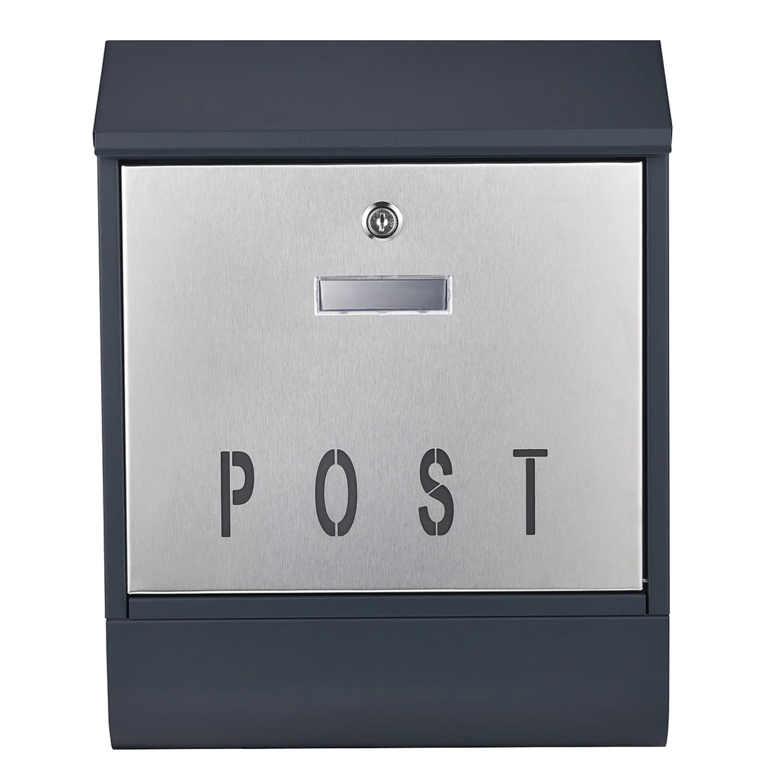 Wiltec Designer Briefkasten V38 Anthrazit und Edelstahl 305 x 105 x 385 mm, Wandbriefkasten mit Schloss, Namensschild, Zeitungsrolle, Postkasten aus galvanisiertem Stahl
