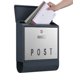 Wiltec Designer Briefkasten V38 Anthrazit und Edelstahl 305 x 105 x 385 mm, Wandbriefkasten mit Schloss, Namensschild, Zeitungsrolle, Postkasten aus galvanisiertem Stahl