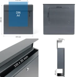 Wiltec Designer Briefkasten V49 anthrazit 370 x 105 x 370 mm, Wandbriefkasten mit Schloss und Zeitungsrolle, Postkasten aus pulverbeschichtetem Stahl