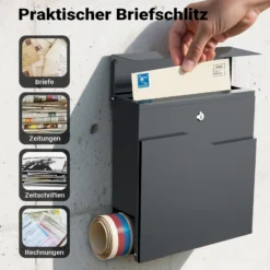 Wiltec Designer Briefkasten V19 anthrazit 370 x 102 x 370 mm, Wandbriefkasten mit Schloss und Zeitungsrolle, Postkasten aus pulverbeschichtetem Stahl