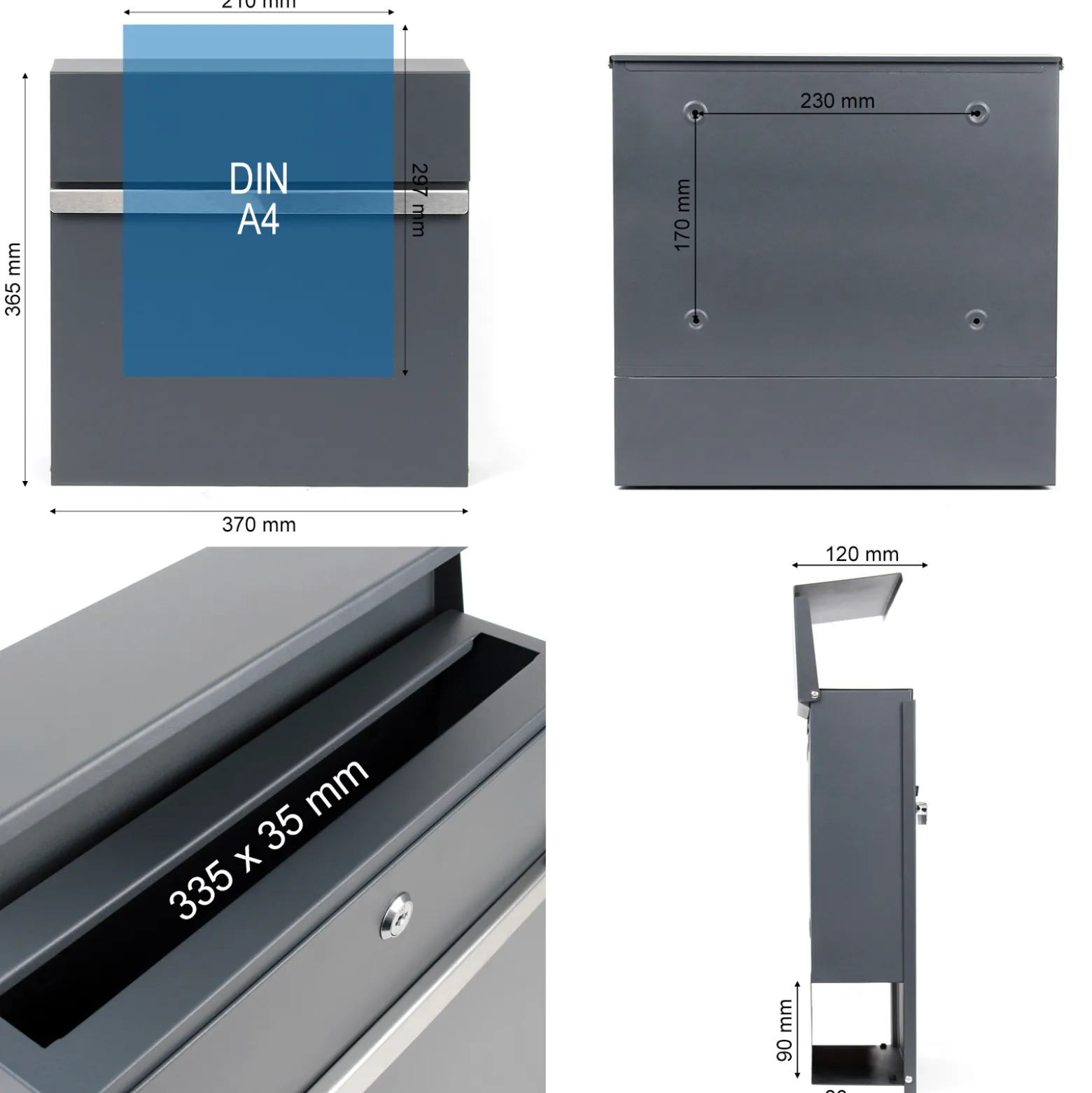 Wiltec Designer Briefkasten V50 Anthrazit und Edelstahl 370 x 105 x 370 mm, Wandbriefkasten mit Schloss, Sichtfenstern, Zeitungsrolle, Postkasten aus galvanisiertem Stahl