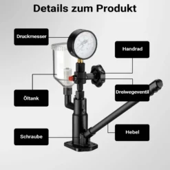 Wiltec Diesel Einspritzdüsentester, Einspritzdüsen Prüfgerät mit Manometer 0-600 bar, Injektor Testgerät inkl. Adapter, Kraftstoffbehälter und Hebel