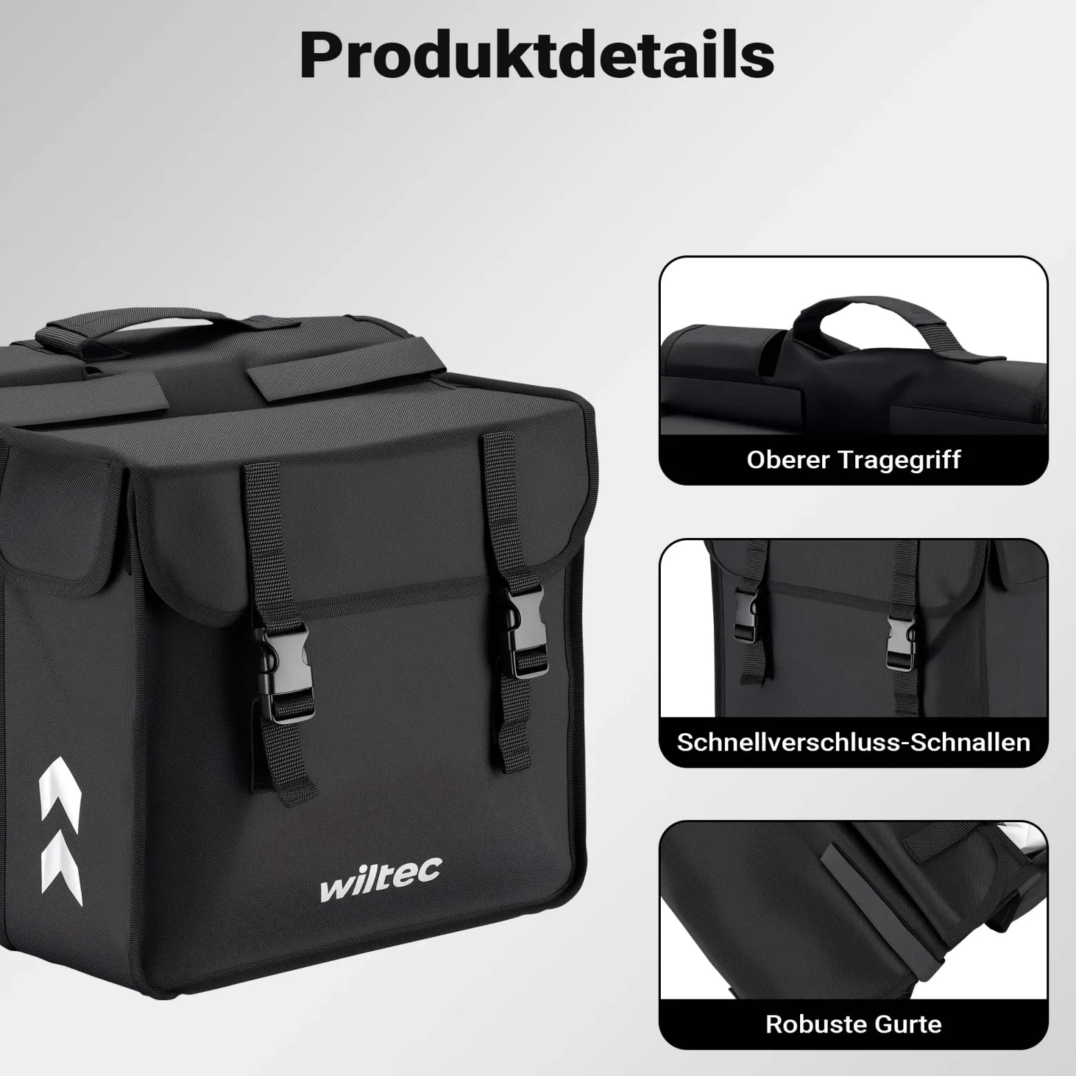 Wiltec Doppel Gepäckträgertasche 35 x 13 x 30 cm, Fahrradtasche Gepäckträger 30 l Stauraum, wasserresistente Fahrrad Tasche, Gepäcktasche leichte Handhabung