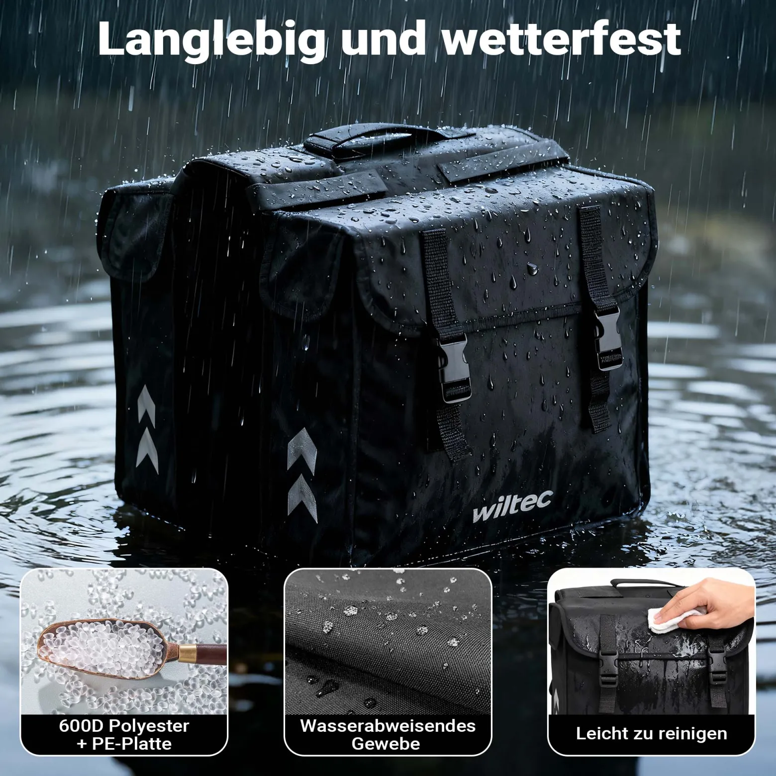 Wiltec Doppel Gepäckträgertasche 35 x 13 x 30 cm, Fahrradtasche Gepäckträger 30 l Stauraum, wasserresistente Fahrrad Tasche, Gepäcktasche leichte Handhabung