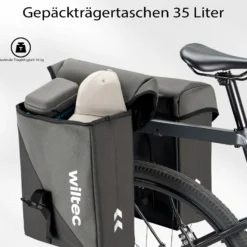 Wiltec Doppel Gepäckträgertasche, Fahrradtasche Gepäckträger 35 l Stauraum, wasserresistente Fahrrad Tasche, Gepäcktasche leichte Handhabung