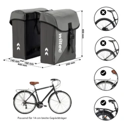 Wiltec Doppel Gepäckträgertasche, Fahrradtasche Gepäckträger 35 l Stauraum, wasserresistente Fahrrad Tasche, Gepäcktasche leichte Handhabung