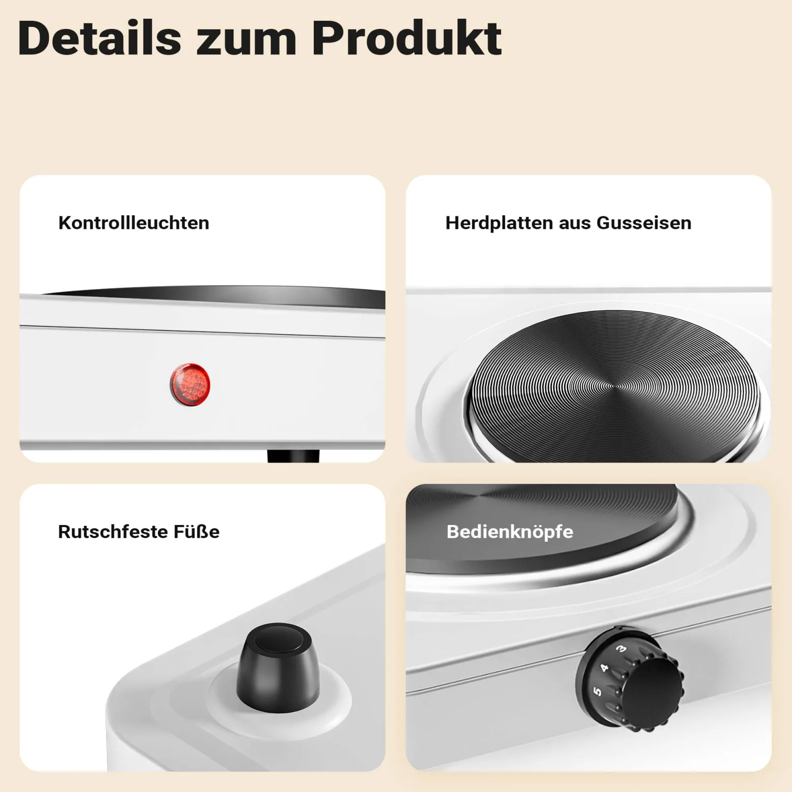 Wiltec Doppelkochplatte 2000W Kochplatte elektrisch mit Thermostat und Überhitzungsschutz Camping Herdplatte aus Gusseisen Elektro Kochplatte