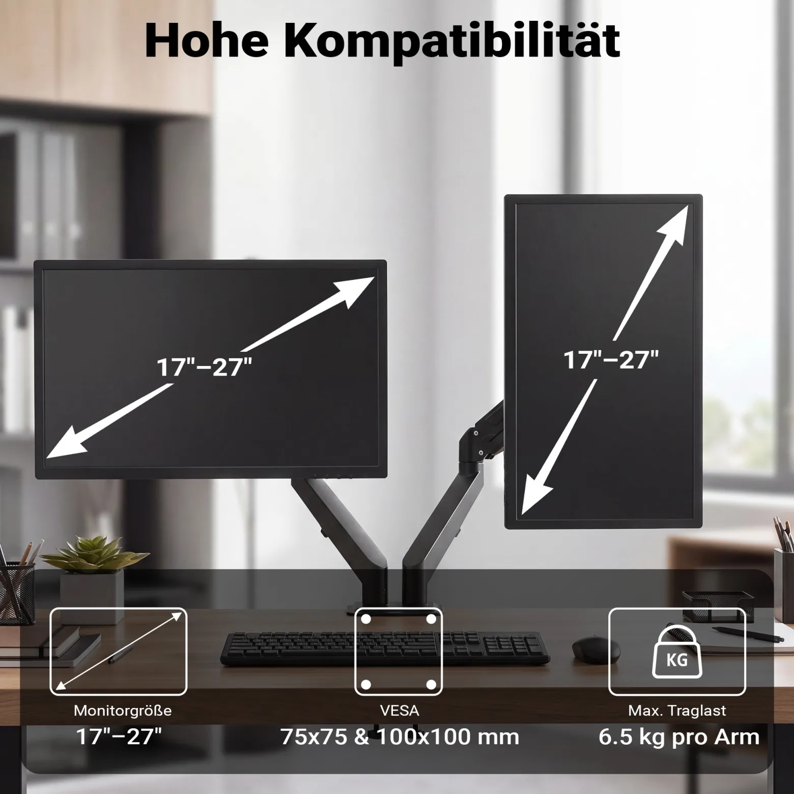 Wiltec Doppel Monitorhalterung mit Gasdruckfeder für zwei Monitore 17-27 Zoll Tischhalterung VESA